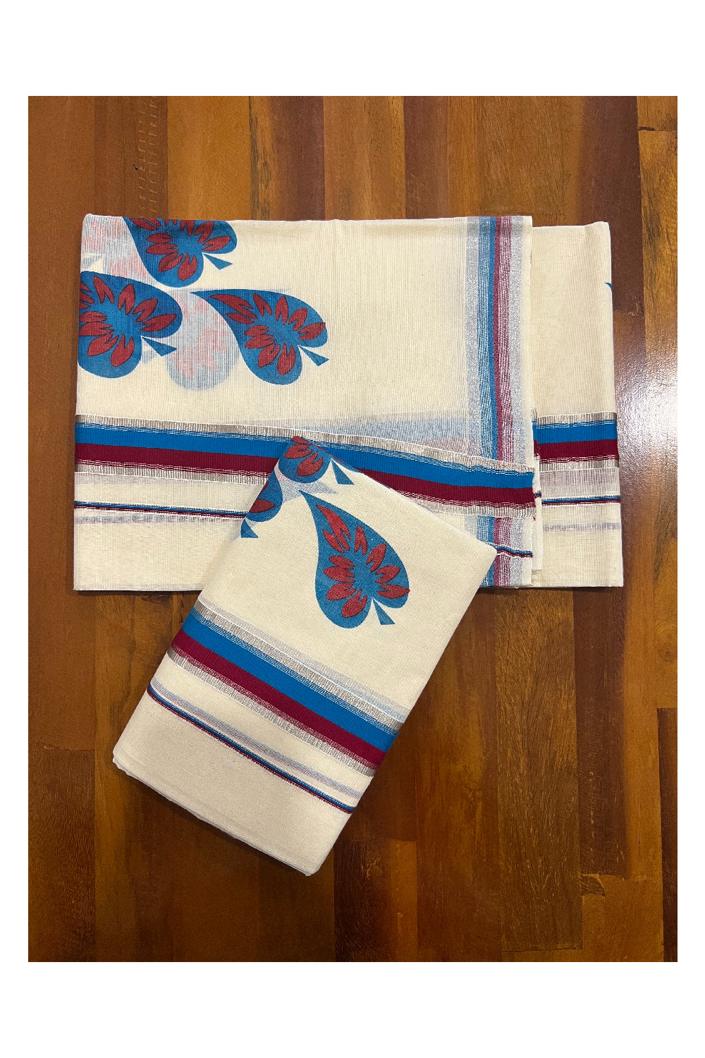 Kerala Cotton Set Mundu (Mundum Neriyathum) with Silver Kasavu Maroon and Blue Block Prints on Border