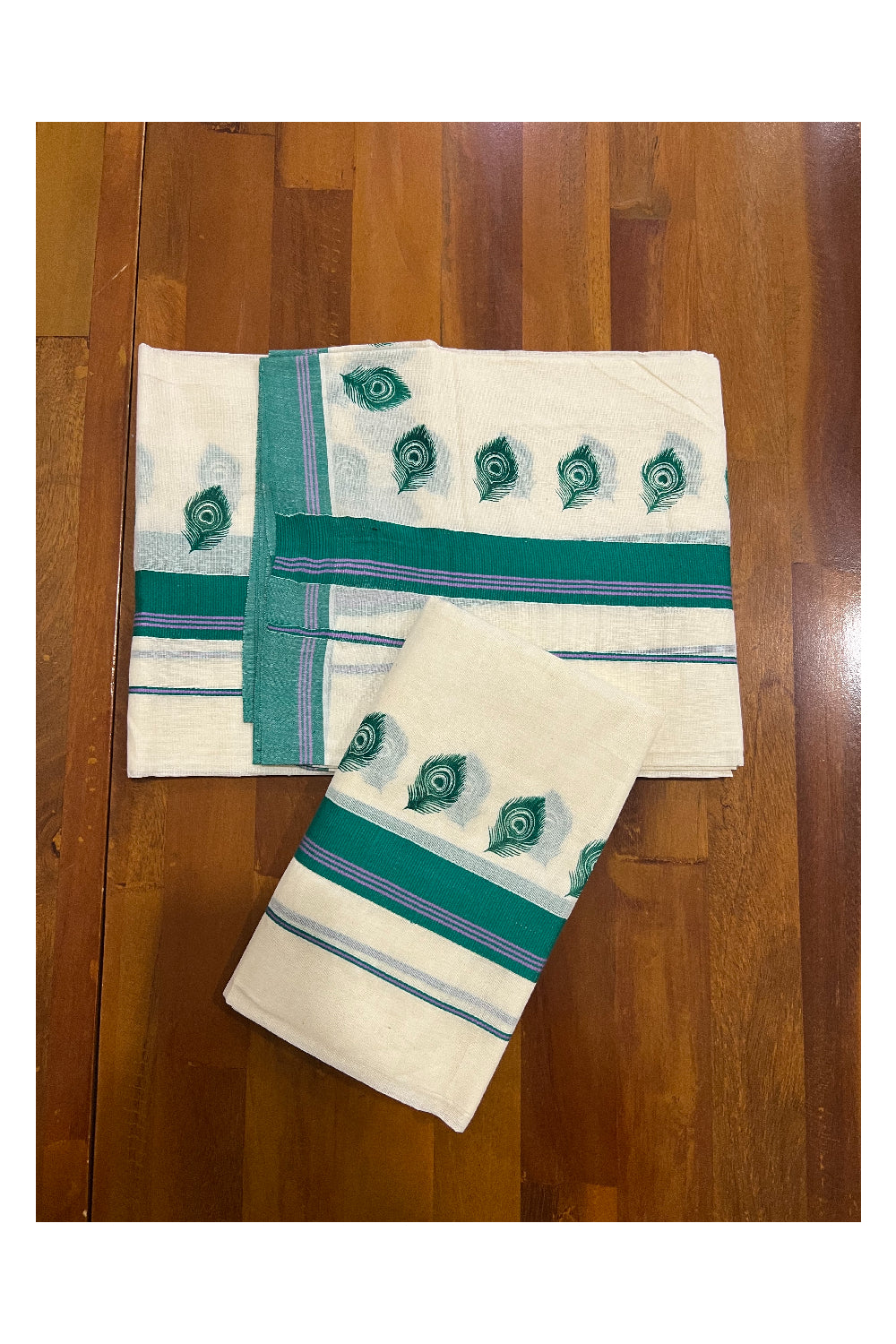 Pure Cotton Set Mundu (Mundum Neriyathum) with Green Feather Block Prints and Violet Lines on Border