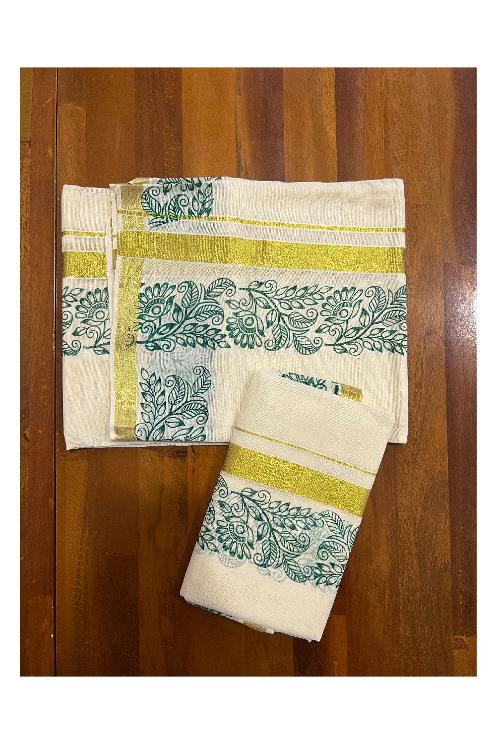 Kerala Cotton Kasavu Set Mundu (Mundum Neriyathum) with Green Floral Block Prints on Border