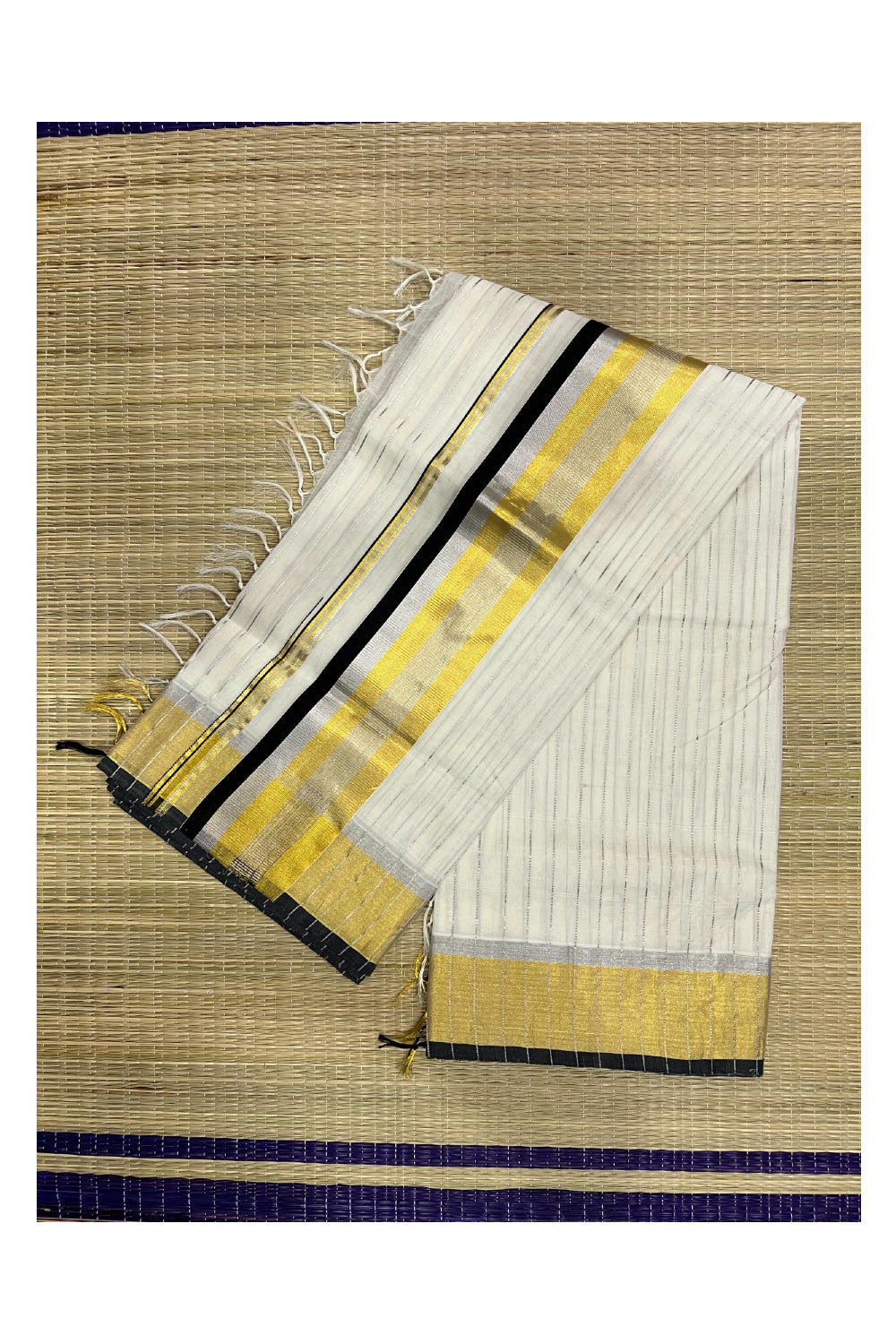 Southloom™ Premium Handloom Kasavu Saree with Silver Lines Across Body