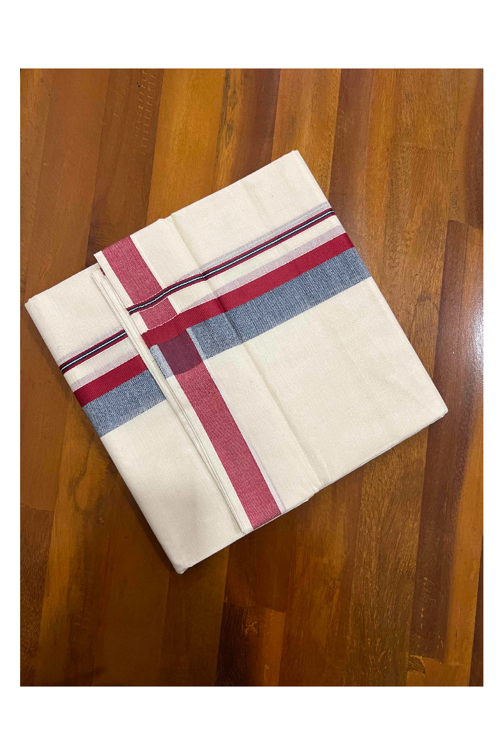 Off White Pure Cotton Double Mundu with Maroon and Black Shaded Border (South Indian Dhoti)