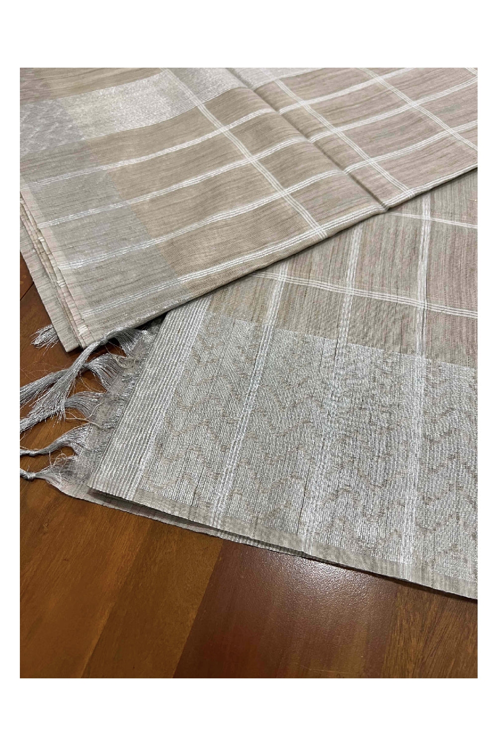 Southloom Cotton Light Brown Stripes Designer Saree with Zig Zag Border