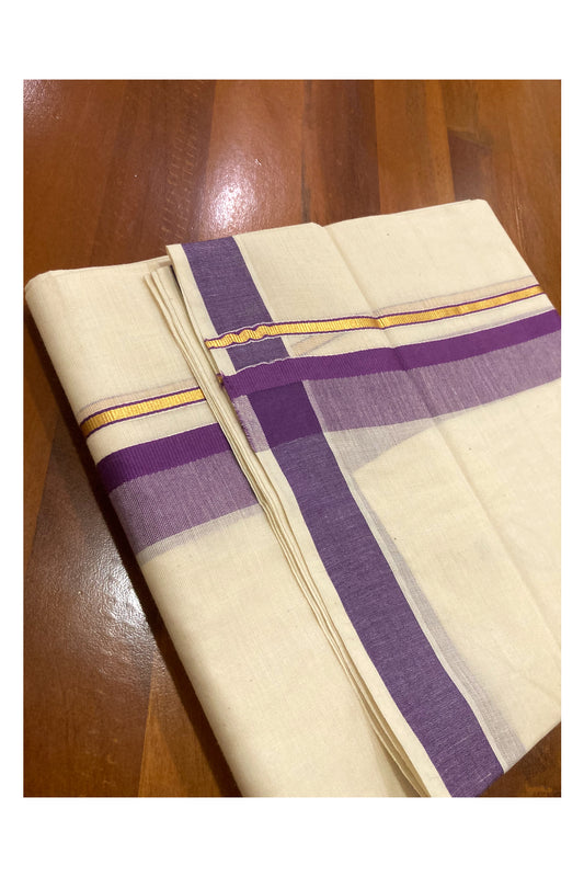 Off White Pure Cotton Double Mundu with Kasavu and Violet Border (South Indian Dhoti)