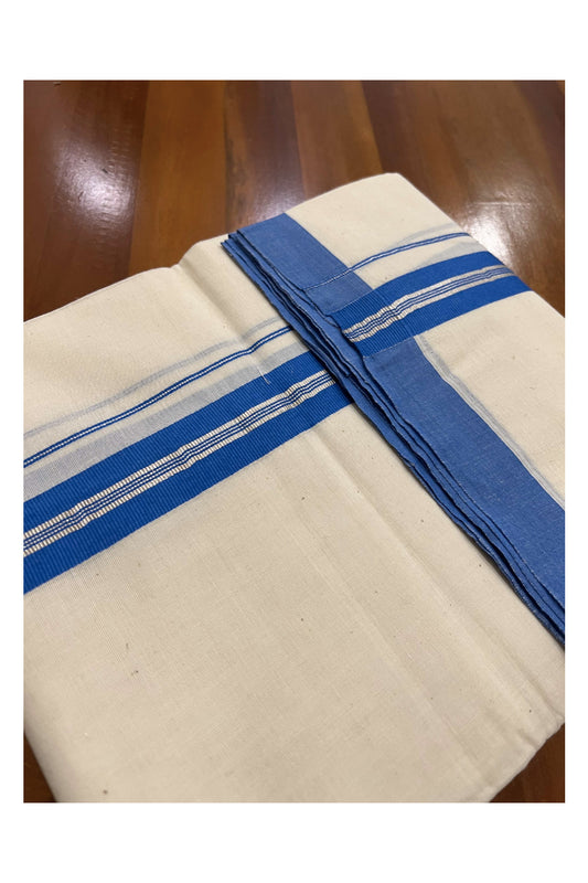 Off White Pure Cotton Double Mundu with SIlver Kasavu and Blue Kara (South Indian Dhoti)