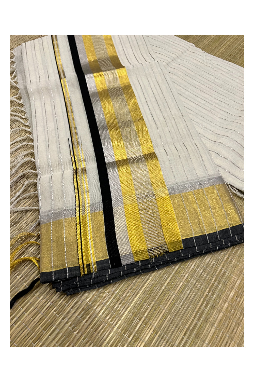 Southloom™ Premium Handloom Kasavu Saree with Silver Lines Across Body