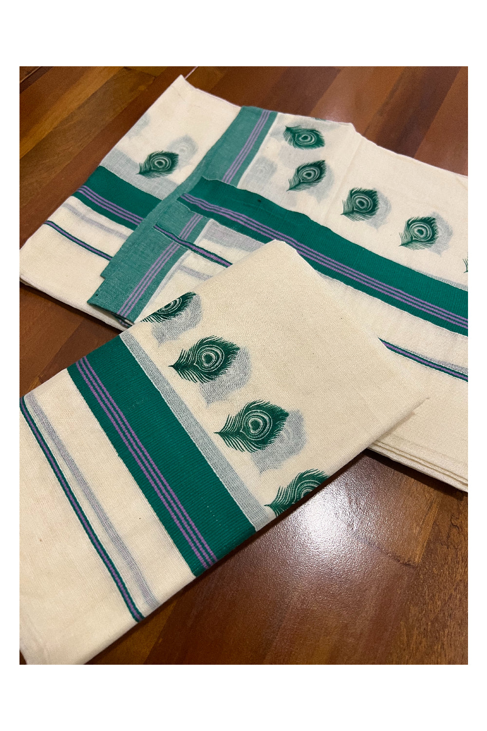 Pure Cotton Set Mundu (Mundum Neriyathum) with Green Feather Block Prints and Violet Lines on Border