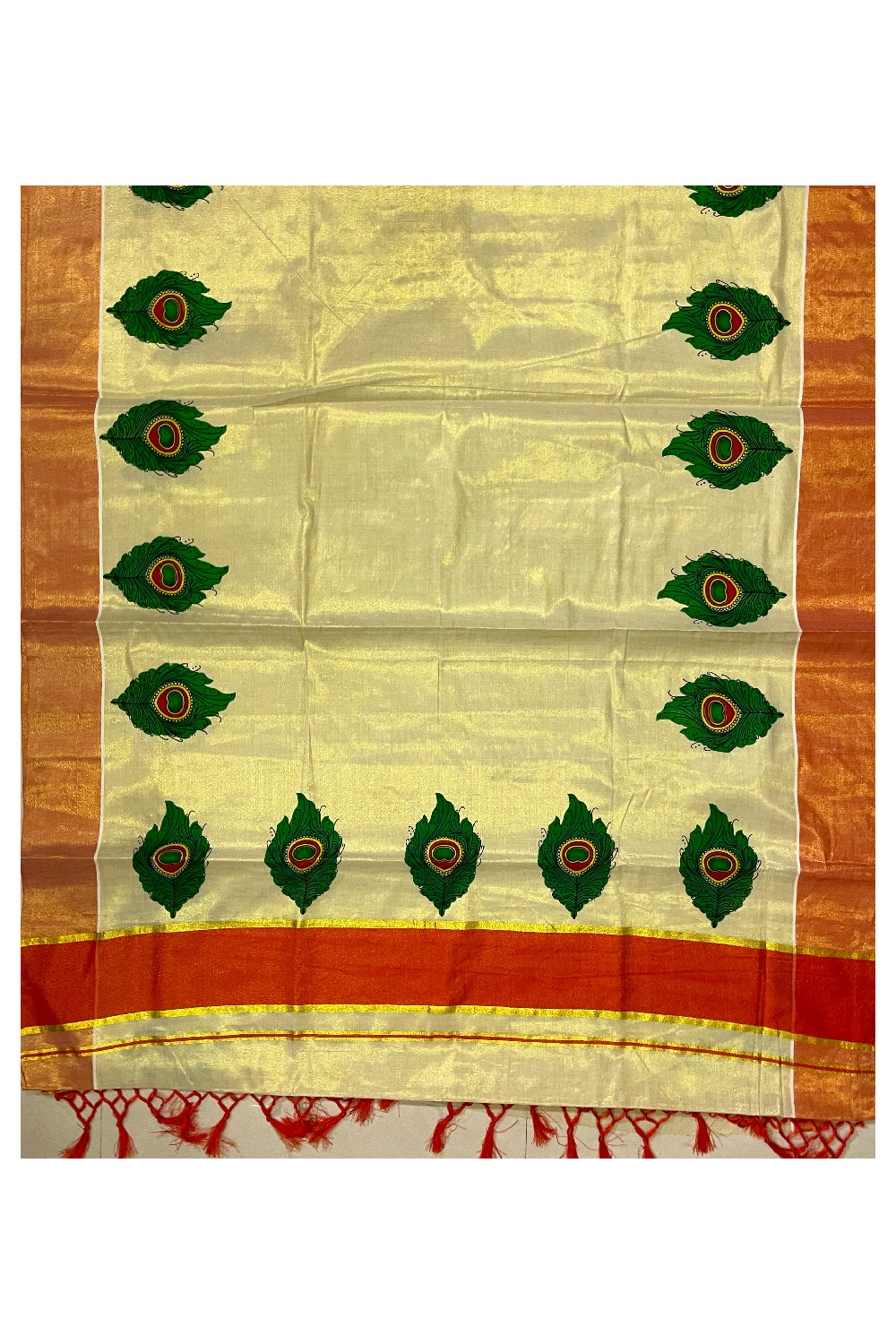 Kerala Tissue Kasavu Peacock Feather Mural Prints and Orange Border Saree