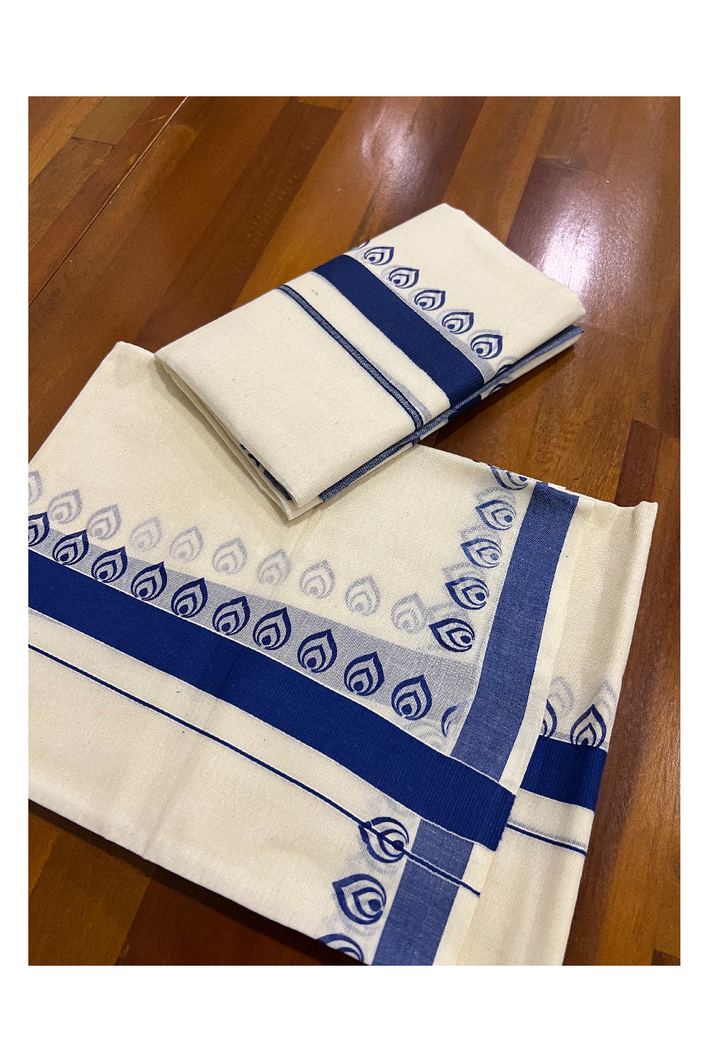 Pure Cotton Set Mundu (Mundum Neriyathum) with Blue Block Prints on Border