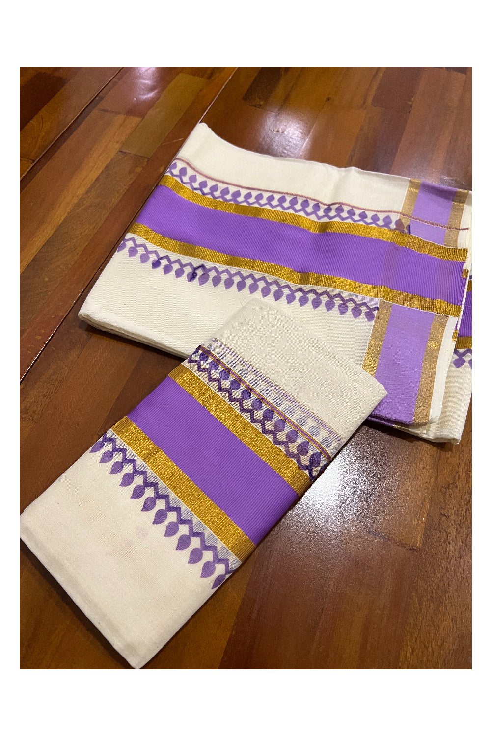 Kerala Cotton Set Mundu (Mundum Neriyathum) with Violet Block Prints and Kasavu Border