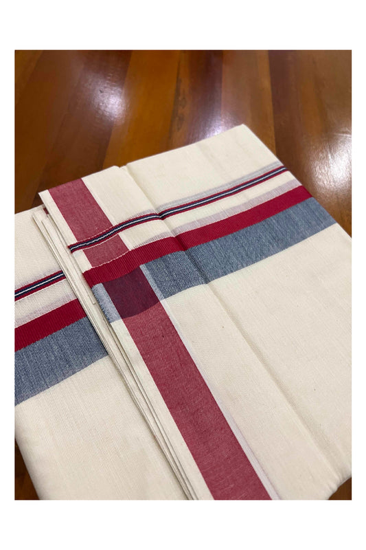 Off White Pure Cotton Double Mundu with Maroon and Black Shaded Border (South Indian Dhoti)