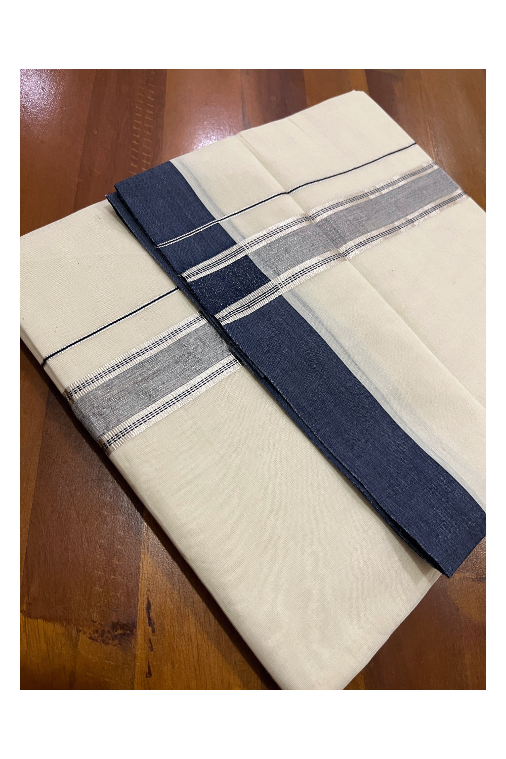 Pure Cotton Off White Double Mundu with Navy Blue and Silver Kara (South Indian Dhoti)