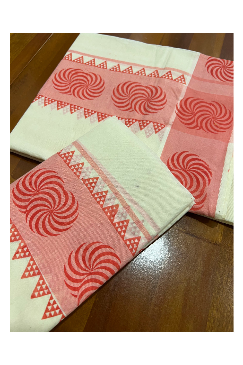 Kerala Cotton Set Mundu (Mundum Neriyathum) with Peach Temple Block Prints on Border