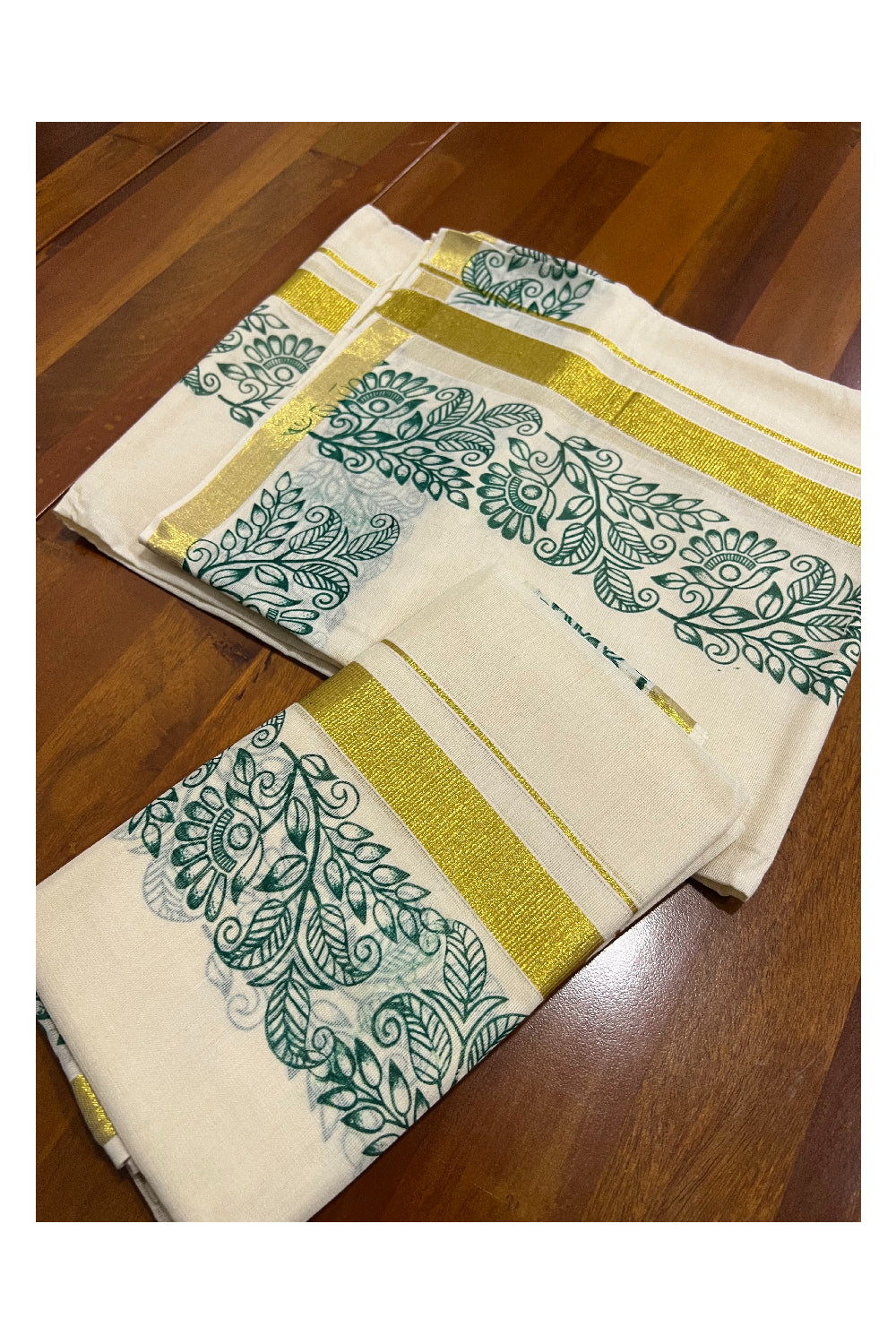 Kerala Cotton Kasavu Set Mundu (Mundum Neriyathum) with Green Floral Block Prints on Border