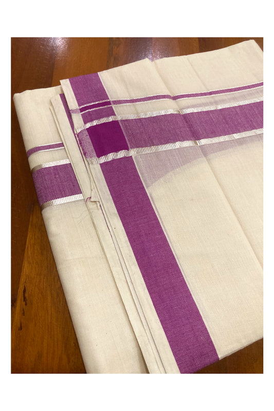 Off White Pure Cotton Double Mundu with Silver Kasavu and Magenta Border (South Indian Dhoti)