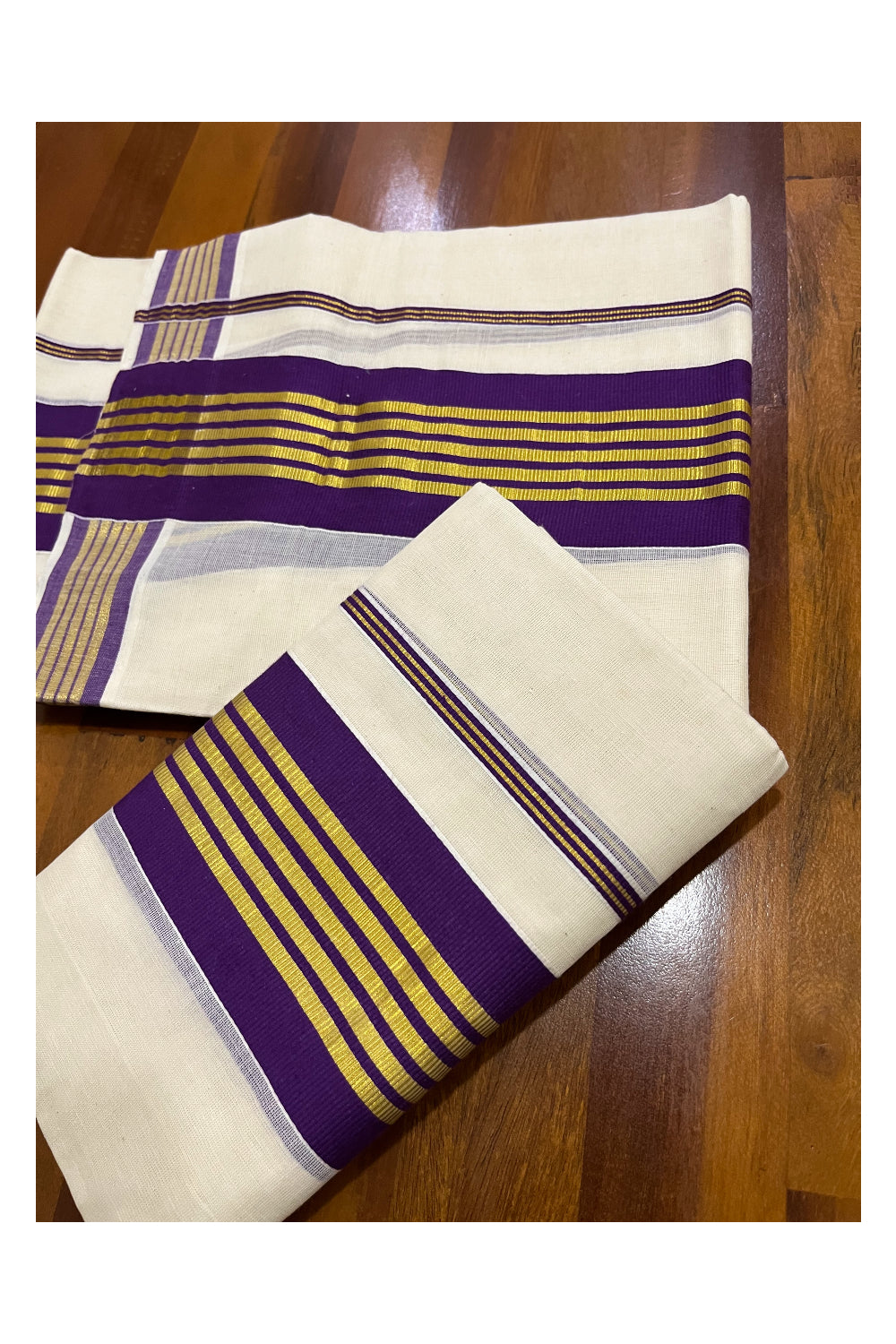 Pure Cotton Kerala Single Set Mundu (Mundum Neriyathum) with Violet and Kasavu Border 2.80 Mtrs