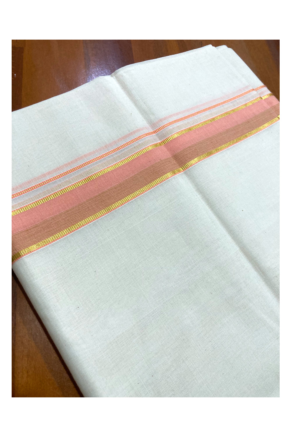 Southloom Premium Handloom Pure Cotton Mundu with Kasavu and Peach Border (South Indian Dhoti)