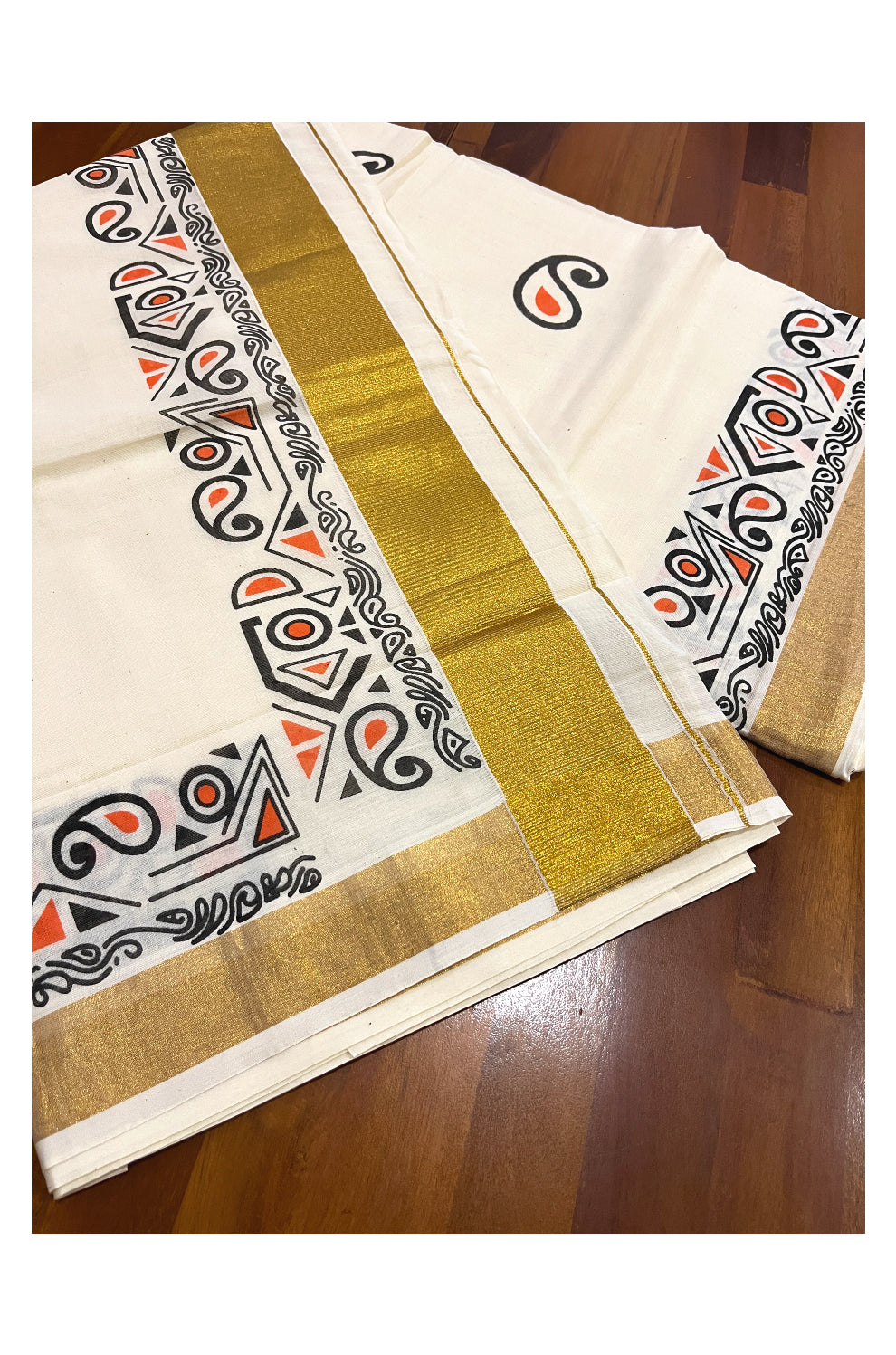 Pure Cotton Off White Kerala Kasavu Saree with Black and Orange Block Prints on Border