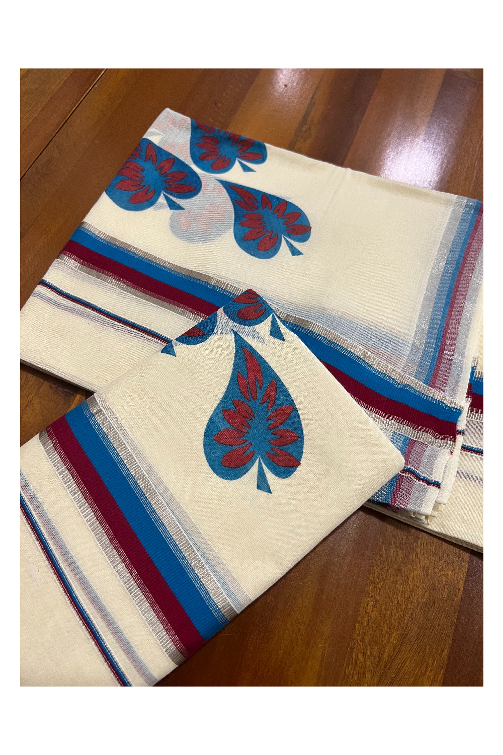 Kerala Cotton Set Mundu (Mundum Neriyathum) with Silver Kasavu Maroon and Blue Block Prints on Border