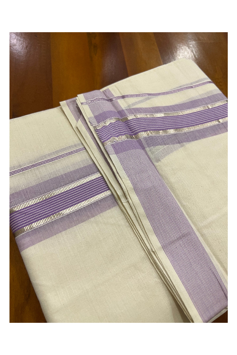 Off White Kerala Double Mundu with Silver Kasavu and Violet Line Border (South Indian Dhoti)