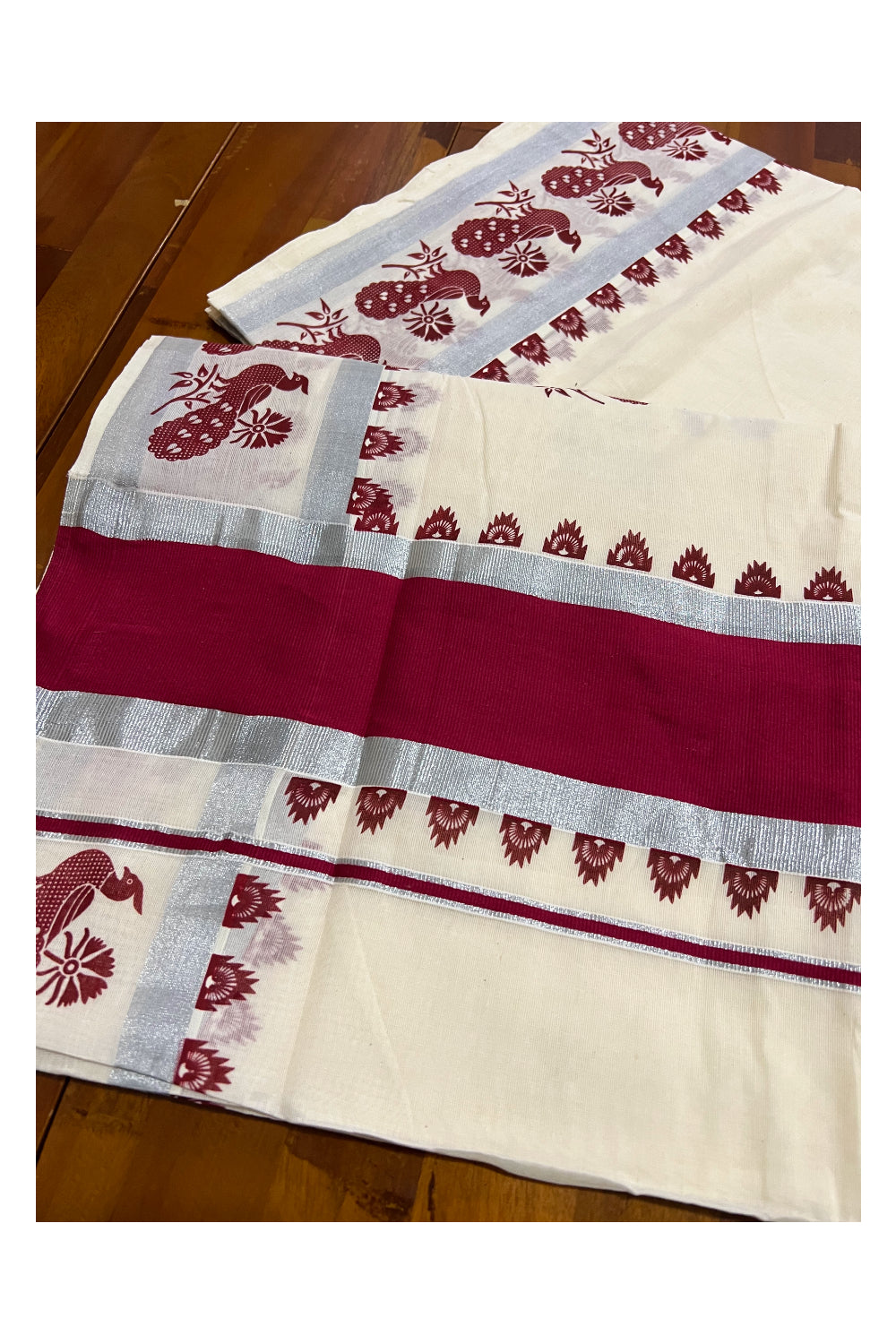 Pure Cotton Kerala Saree with Silver Kasavu and Maroon Peacock Block Prints on Border