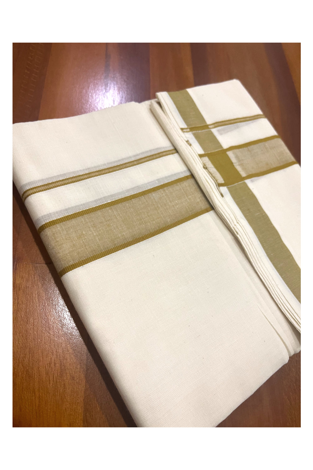 Pure Cotton Off White Double Mundu with Light Brown Border (South Indian Dhoti)