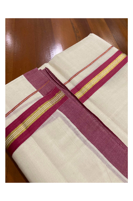 Off White Cotton Mundu with Rose and Kasavu Kara (South Indian Dhoti)