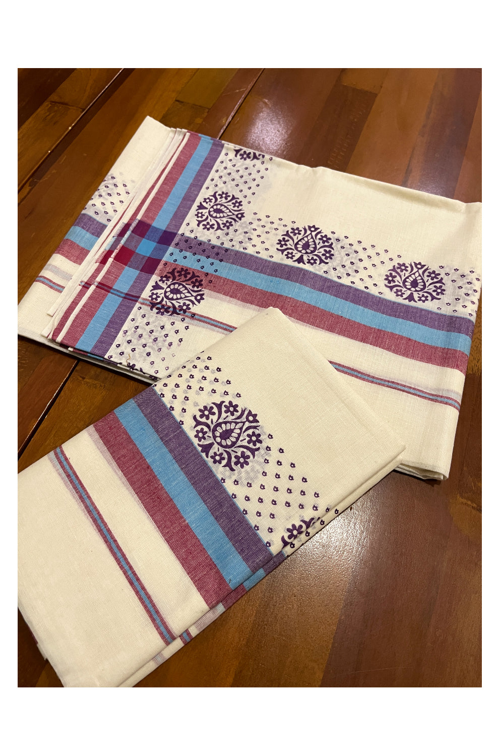 Kerala Cotton Mulloth Mundum Neriyathum Single (Set Mundu) with Violet Block Prints on Blue Red Violet Border (Extra Soft Cotton)