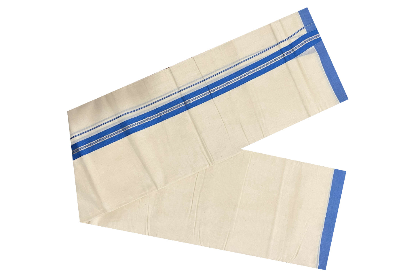 Off White Pure Cotton Double Mundu with SIlver Kasavu and Blue Kara (South Indian Dhoti)