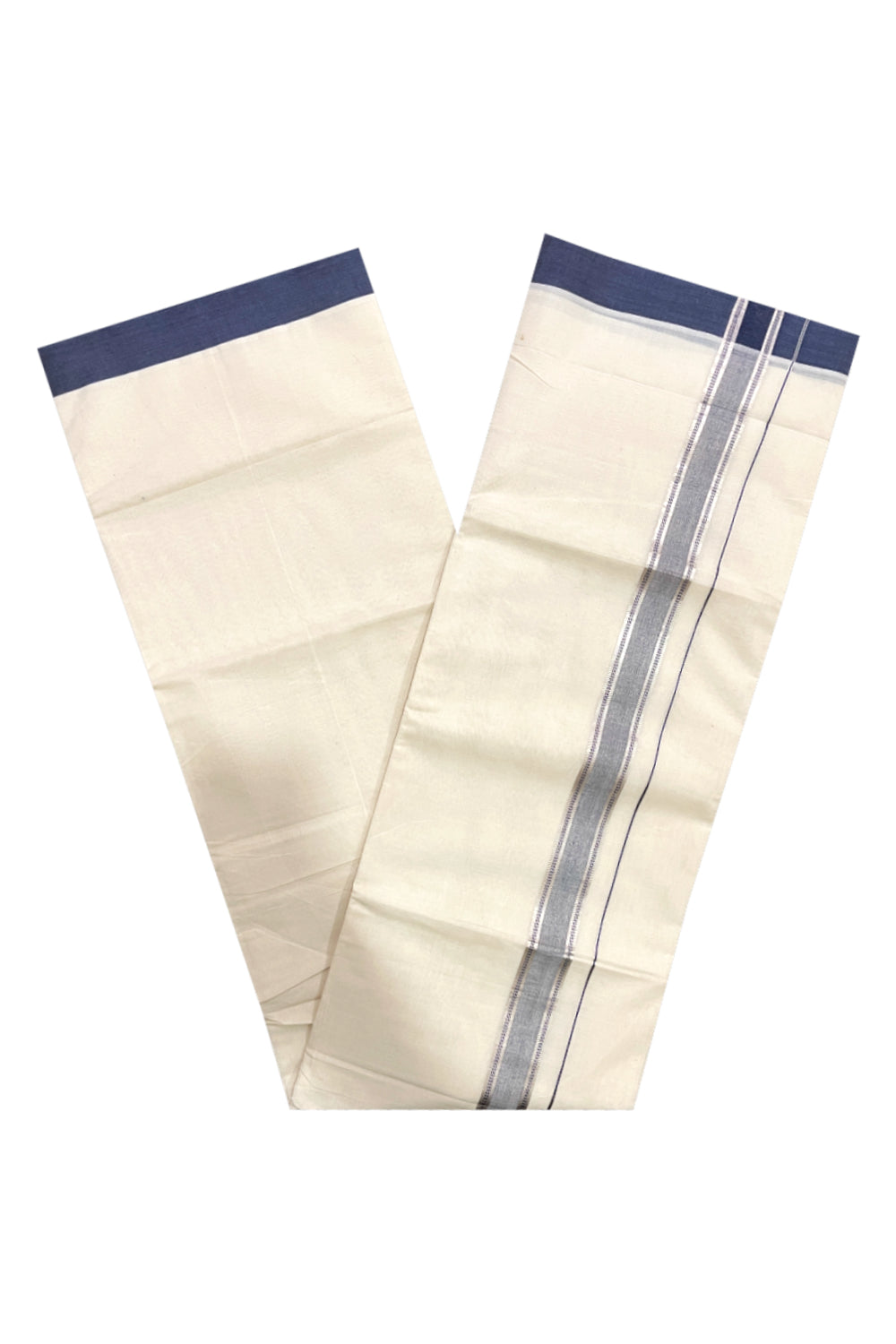 Pure Cotton Off White Double Mundu with Navy Blue and Silver Kara (South Indian Dhoti)