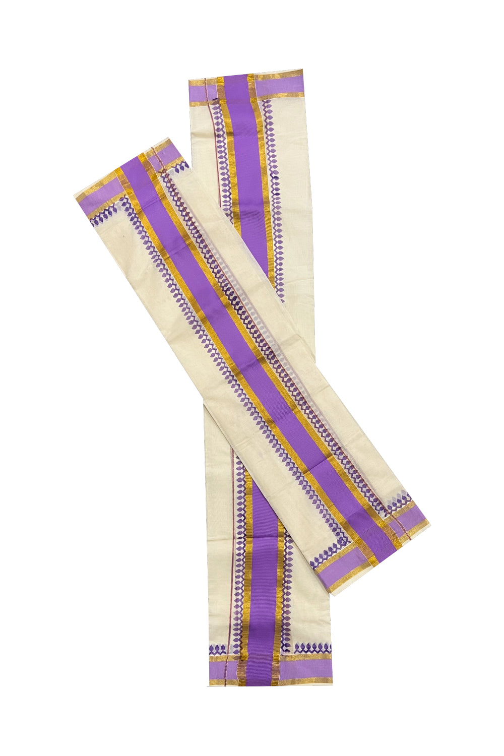 Kerala Cotton Set Mundu (Mundum Neriyathum) with Violet Block Prints and Kasavu Border