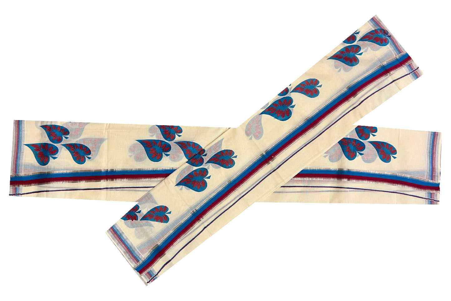 Kerala Cotton Set Mundu (Mundum Neriyathum) with Silver Kasavu Maroon and Blue Block Prints on Border