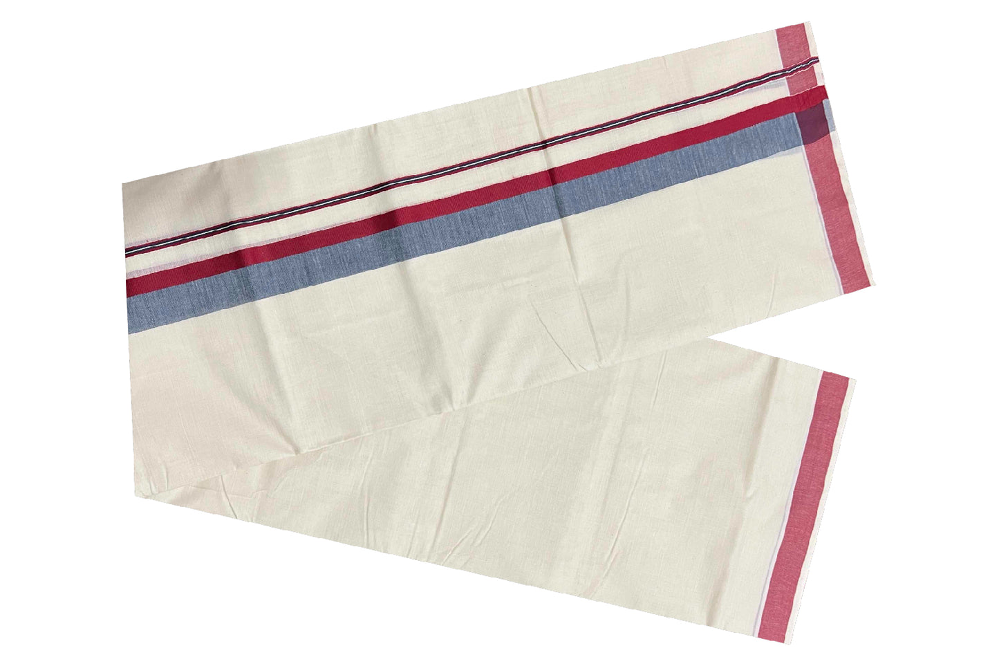 Off White Pure Cotton Double Mundu with Maroon and Black Shaded Border (South Indian Dhoti)