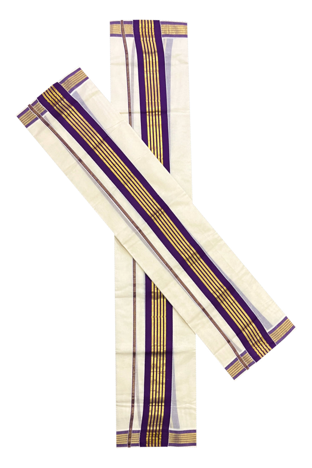 Pure Cotton Kerala Single Set Mundu (Mundum Neriyathum) with Violet and Kasavu Border 2.80 Mtrs