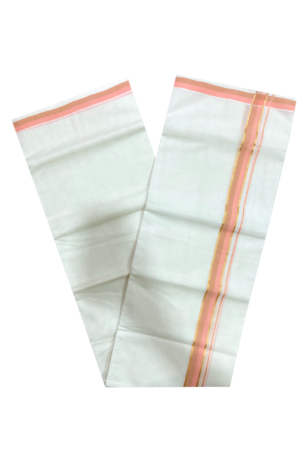 Southloom Premium Handloom Pure Cotton Mundu with Kasavu and Peach Border (South Indian Dhoti)