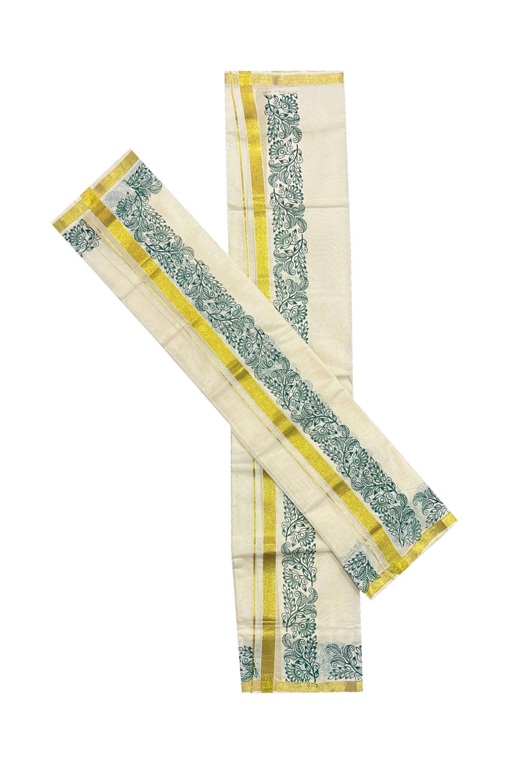 Kerala Cotton Kasavu Set Mundu (Mundum Neriyathum) with Green Floral Block Prints on Border