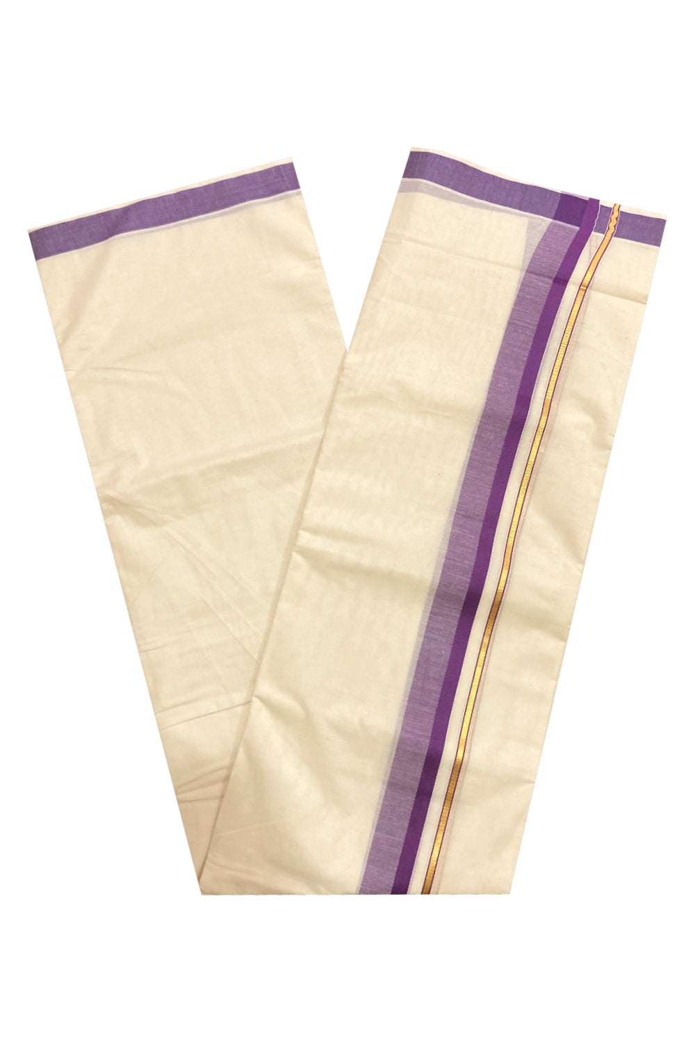 Off White Pure Cotton Double Mundu with Kasavu and Violet Border (South Indian Dhoti)