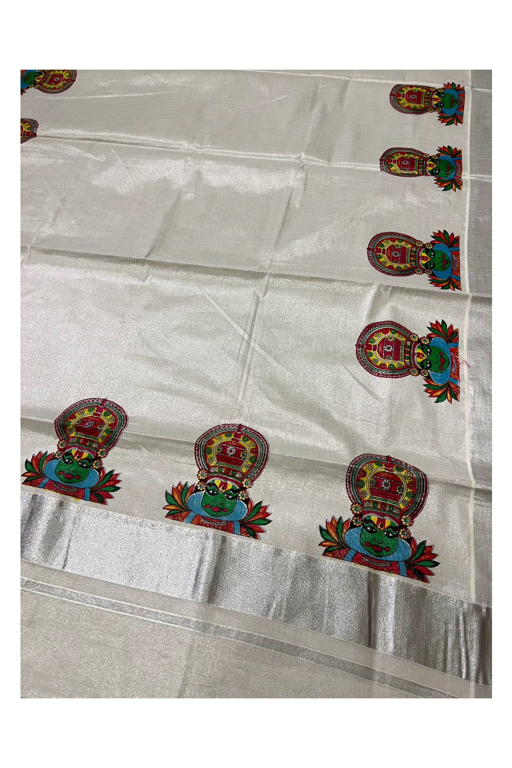 Kerala Silver Tissue Kasavu Saree with Mural Kathakali Design