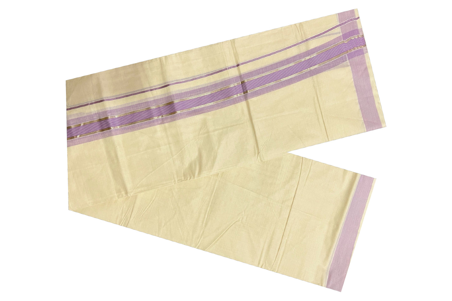 Off White Kerala Double Mundu with Silver Kasavu and Violet Line Border (South Indian Dhoti)