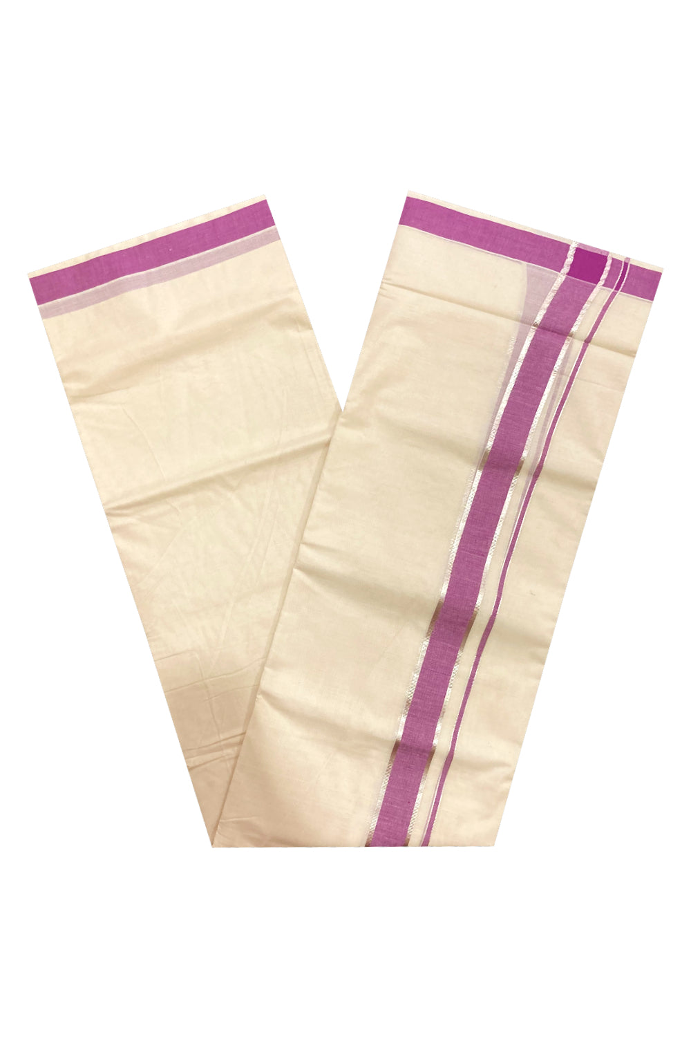 Off White Pure Cotton Double Mundu with Silver Kasavu and Magenta Border (South Indian Dhoti)