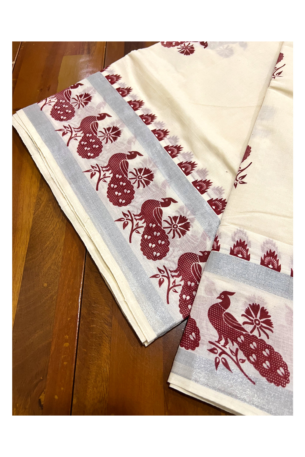 Pure Cotton Kerala Saree with Silver Kasavu and Maroon Peacock Block Prints on Border