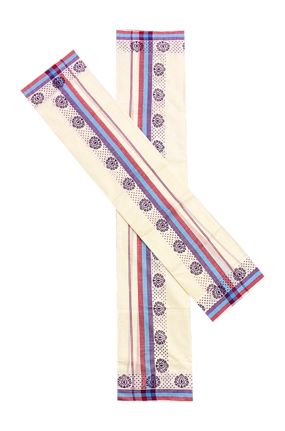 Kerala Cotton Mulloth Mundum Neriyathum Single (Set Mundu) with Violet Block Prints on Blue Red Violet Border (Extra Soft Cotton)