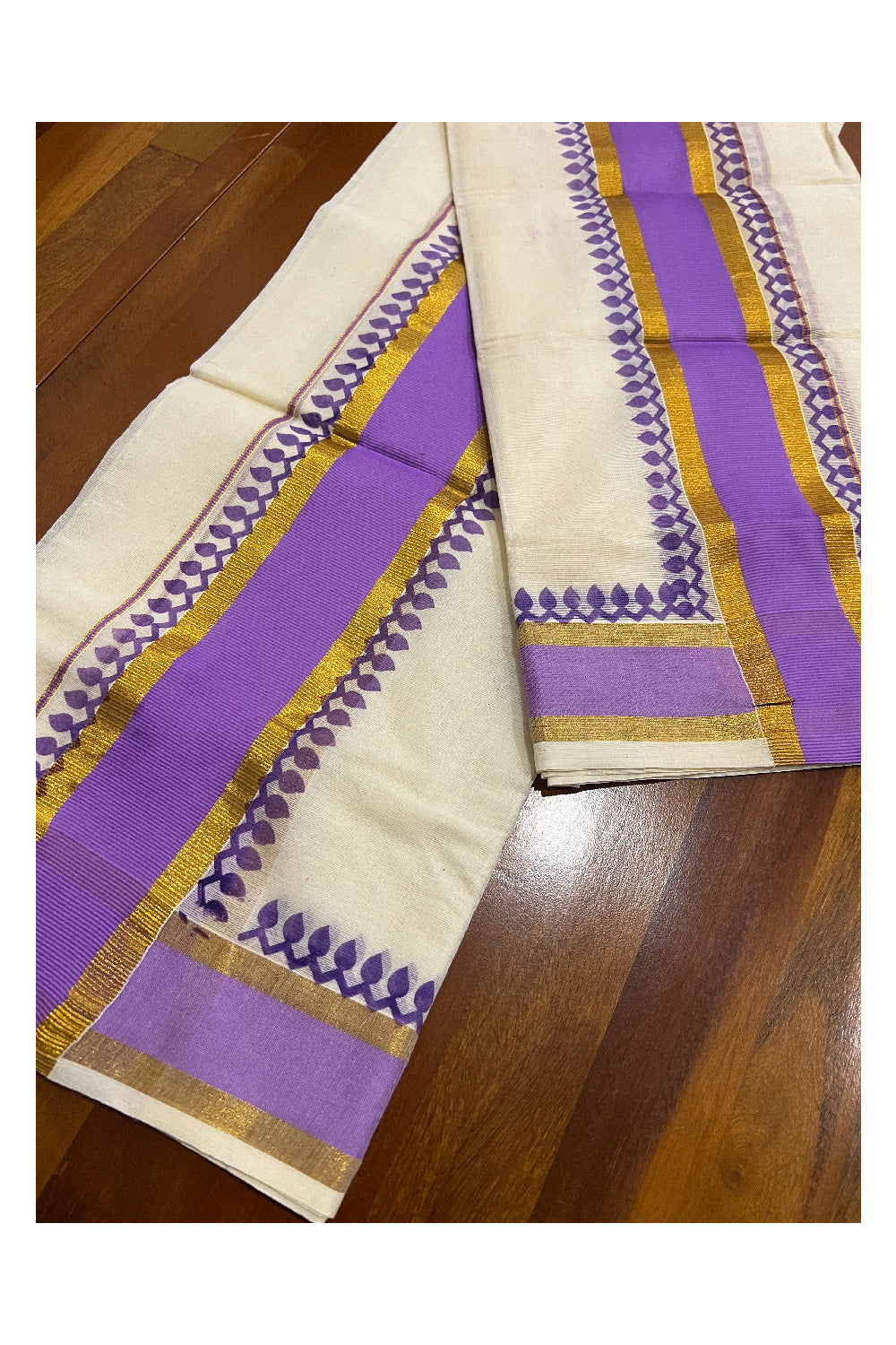 Kerala Cotton Set Mundu (Mundum Neriyathum) with Violet Block Prints and Kasavu Border