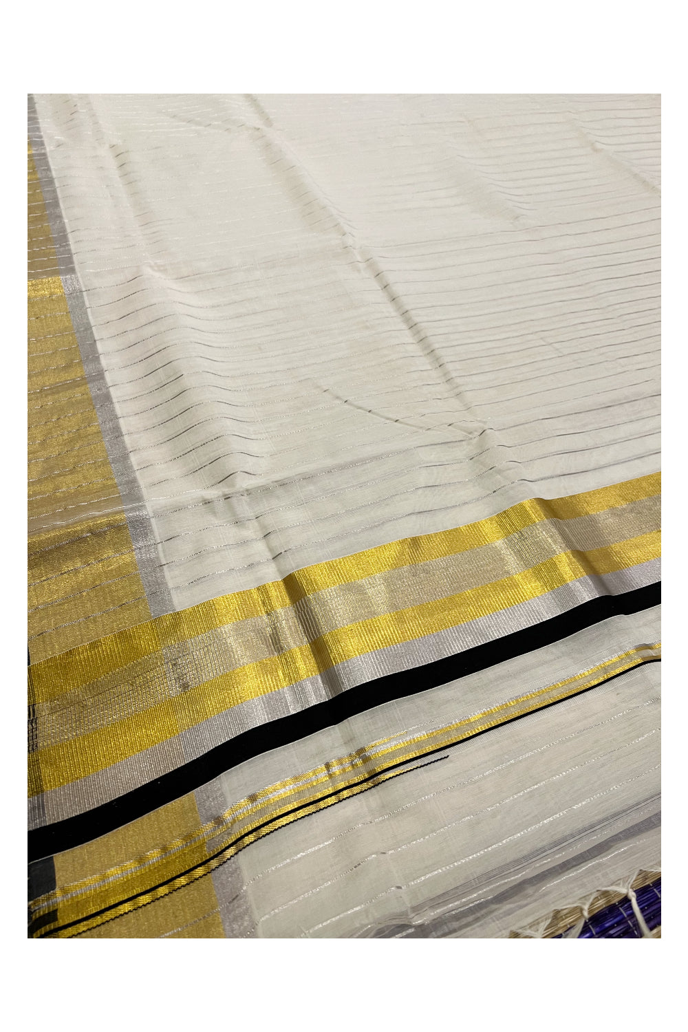 Southloom™ Premium Handloom Kasavu Saree with Silver Lines Across Body