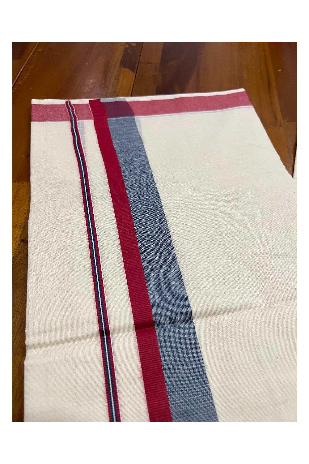 Off White Pure Cotton Double Mundu with Maroon and Black Shaded Border (South Indian Dhoti)