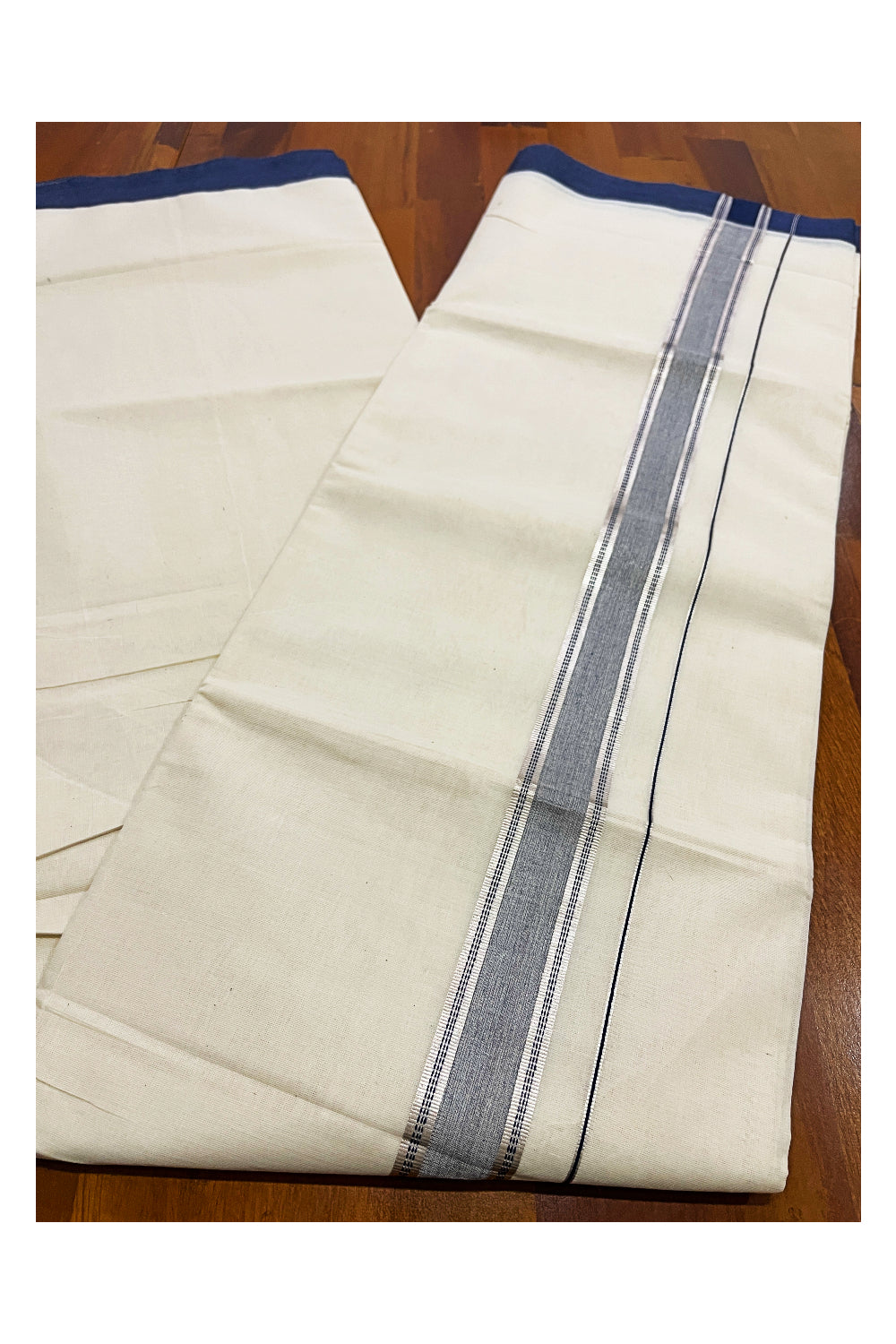 Pure Cotton Off White Double Mundu with Navy Blue and Silver Kara (South Indian Dhoti)