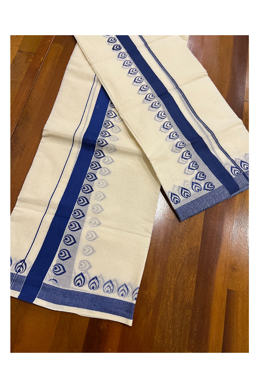 Pure Cotton Set Mundu (Mundum Neriyathum) with Blue Block Prints on Border