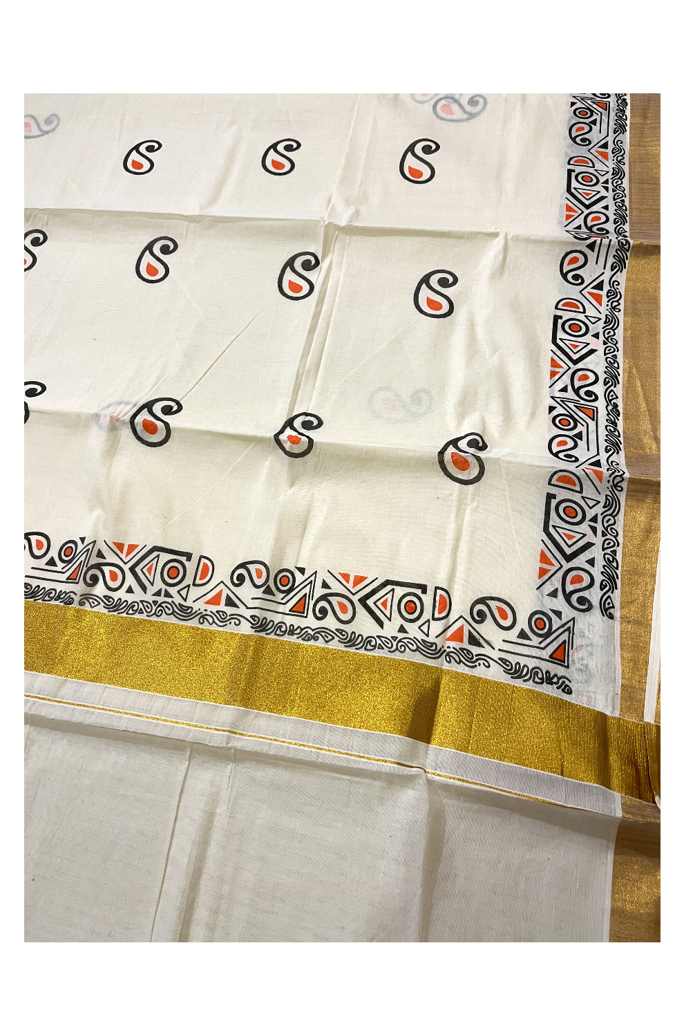 Pure Cotton Off White Kerala Kasavu Saree with Black and Orange Block Prints on Border