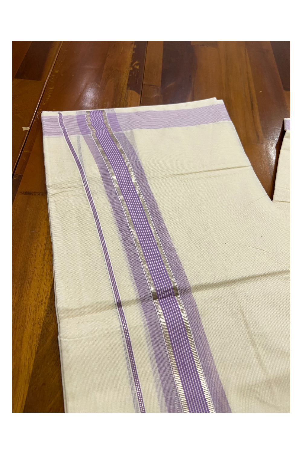 Off White Kerala Double Mundu with Silver Kasavu and Violet Line Border (South Indian Dhoti)