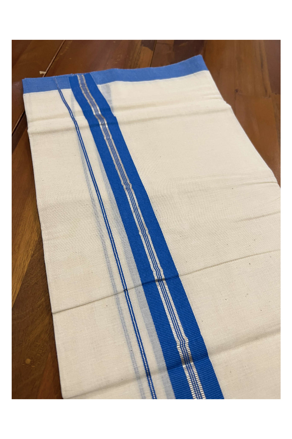 Off White Pure Cotton Double Mundu with SIlver Kasavu and Blue Kara (South Indian Dhoti)