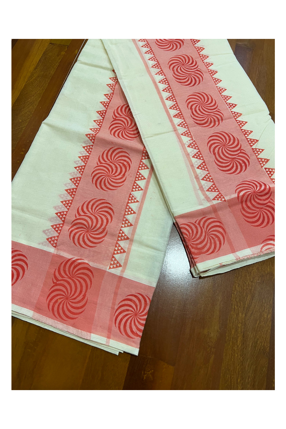 Kerala Cotton Set Mundu (Mundum Neriyathum) with Peach Temple Block Prints on Border